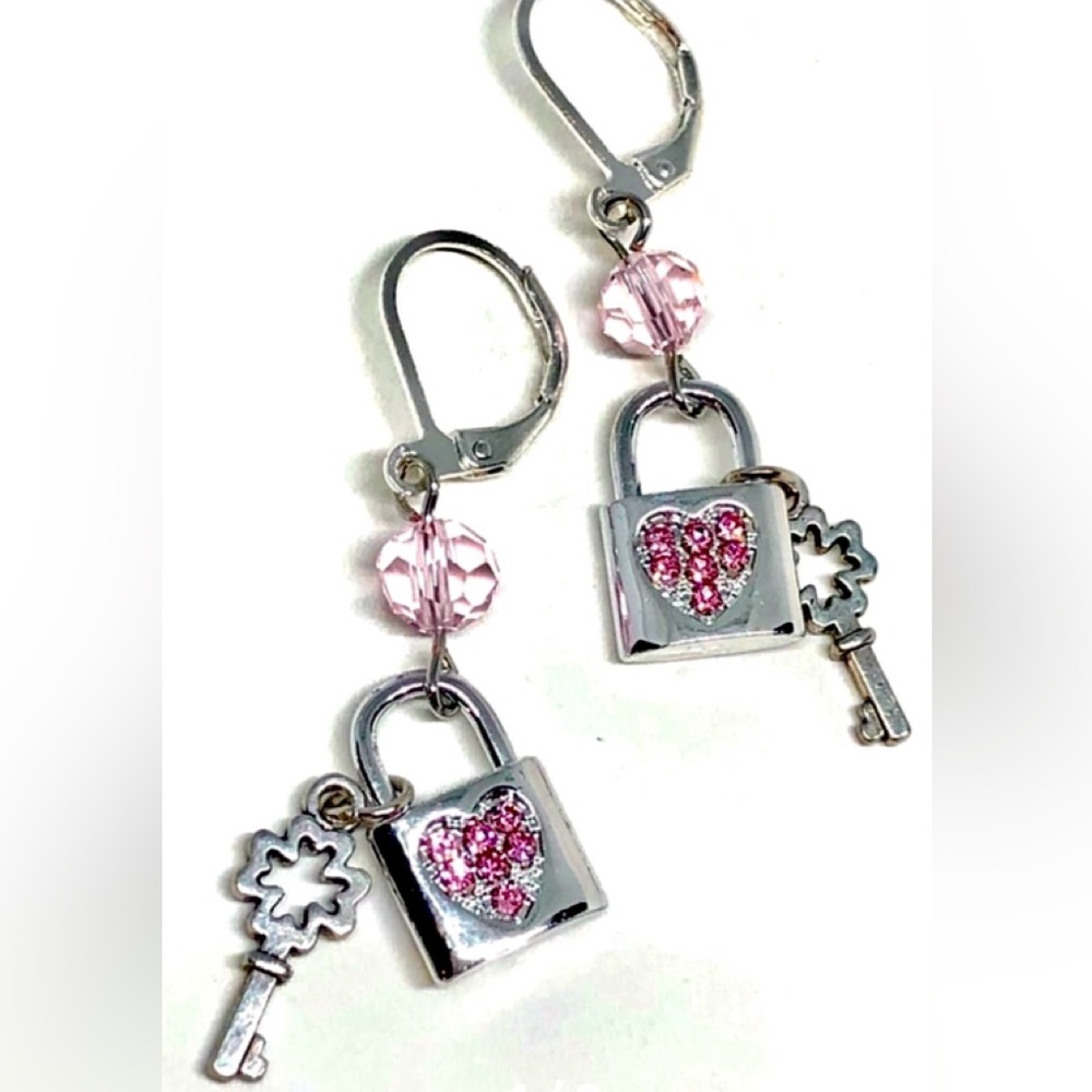 Valentine’s Day Love Pink Crystal Heart Lock Lucky Clover Key Leverback Earrings